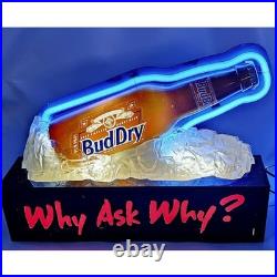 Vtg 1992 BudDry Blue Neon Beer Sign Anheuser Why Ask Why Bottle On Ice RARE