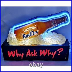 Vtg 1992 BudDry Blue Neon Beer Sign Anheuser Why Ask Why Bottle On Ice RARE