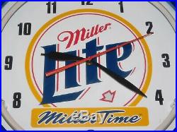 Vtg Miller Lite Time Neon Light Beer Bar Sign Store Display Man Cave Wall Clock