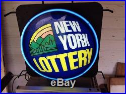 Vtg NEW YORK NY LOTTERY light NEON SIGN Lamp MAN CAVE Blue Flashing Lotto Zeon Z