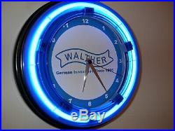 Walther PPK Firearms Gun Store Man Cave Blue Neon Advertising Wall Clock Sign