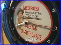 Winchester Firearms Gunsmith Rifle Gun Store Man Cave Blue Neon Wall Clock Sign