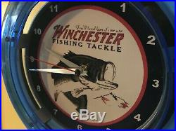 Winchester Fishing Lure Bait Shop Man Cave Blue Advertising Neon Wall Clock Sign