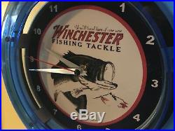 Winchester Fishing Lures Bait Shop Store Man Cave Blue Neon Wall Clock Sign