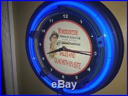 Winchester Gunsmith Gun Shotgun Firearms Man Cave Blue Neon Wall Clock Sign